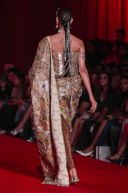 Itrh Rangrekha Patchwork Brocade Mirror Work Saree with Blouse 