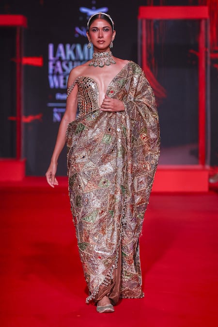 Itrh Rangrekha Patchwork Brocade Mirror Work Saree with Blouse 