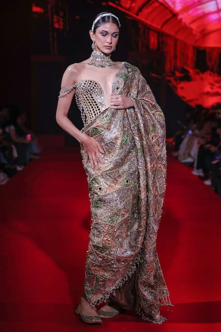 Shop_Itrh_Green Velvet, Brocade Stones, Mirrors, Patchwork Rangrekha Saree With Blouse _Online_at_Aza_Fashions