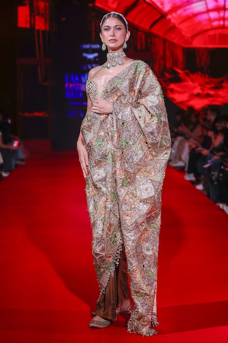 Itrh Green Velvet, Brocade Stones, Mirrors, Patchwork Rangrekha Saree With Blouse at Aza Fashions Itrh_Green Velvet, Brocade Stones, Mirrors, Patchwork Rangrekha Saree With Blouse _at_Aza_Fashions