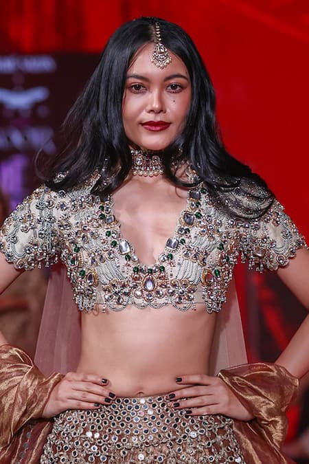 Itrh_Rose Gold Organza, Chanderi, Tissue, Brocade Stones, Tarakini Jaal Lehenga Set _Online_at_Aza_Fashions