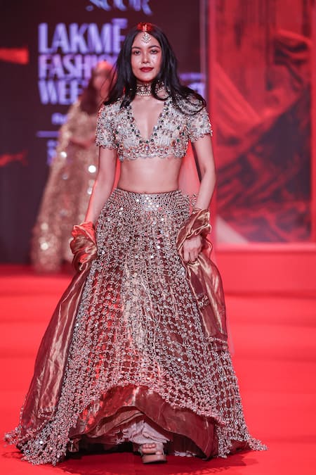 Buy_Itrh_Rose Gold Organza, Chanderi, Tissue, Brocade Stones, Tarakini Jaal Lehenga Set 