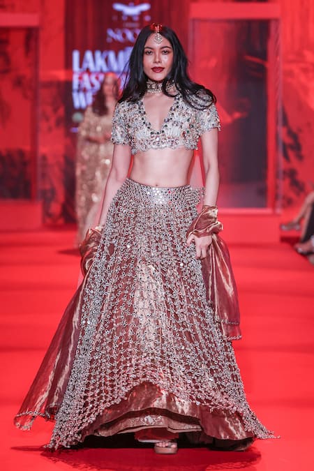 Shop_Itrh_Rose Gold Organza, Chanderi, Tissue, Brocade Stones, Tarakini Jaal Lehenga Set 