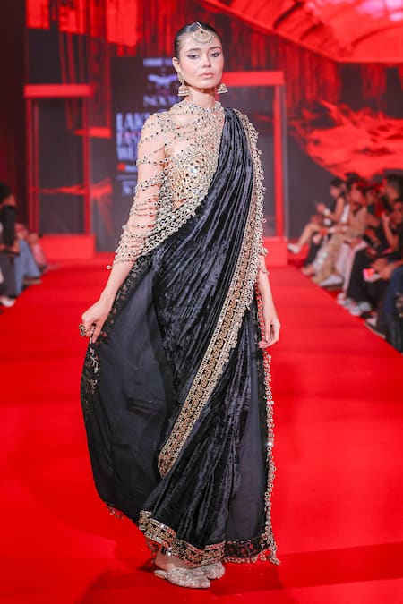 Buy_Itrh_Black Velvet Zari, Mirrors, Gota Patti Maharani Saree And Bralette Set _Online_at_Aza_Fashions