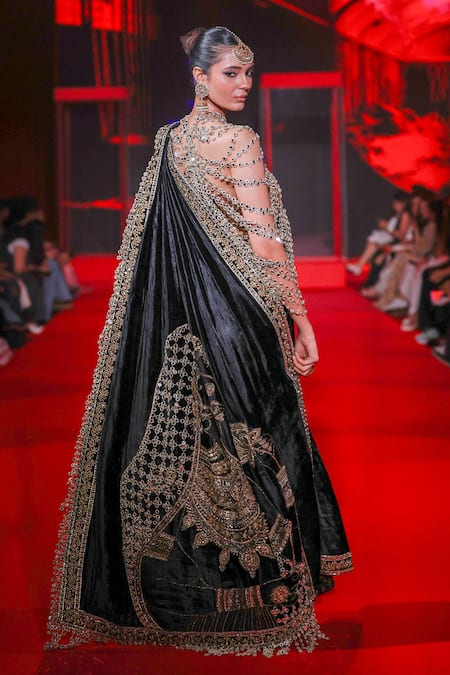 Itrh_Black Velvet Zari, Mirrors, Gota Patti Maharani Saree And Bralette Set _at_Aza_Fashions