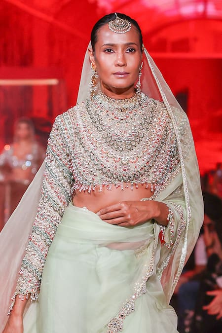 Itrh_Green Organza Beads, Pearls, Stones High Amodini Saree With Jewelled Work Blouse _Online_at_Aza_Fashions