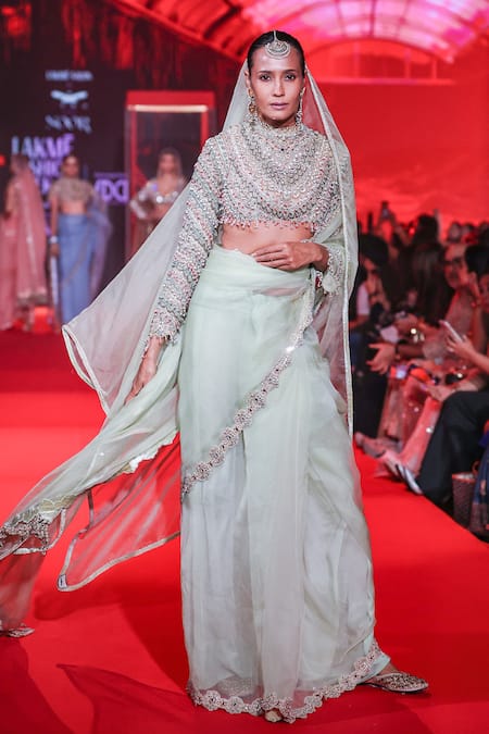 Buy_Itrh_Green Organza Beads, Pearls, Stones High Amodini Saree With Jewelled Work Blouse 