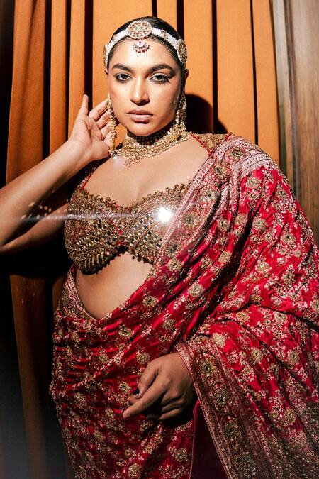 Buy_Itrh_Red Silk, Organza, Net, Shantoon, Jamawaar Sequins, Zari, Rajeshwari Saree _Online_at_Aza_Fashions