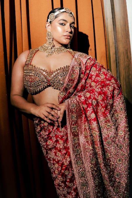 Shop_Itrh_Red Silk, Organza, Net, Shantoon, Jamawaar Sequins, Zari, Rajeshwari Saree _Online_at_Aza_Fashions