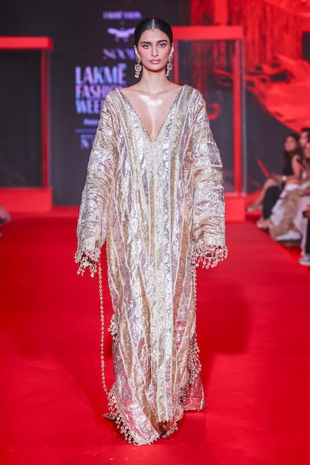 Buy_Itrh_Gold Chanderi Mirrors, Gota Patti V-neck Svarnima And Work Kaftan _Online_at_Aza_Fashions