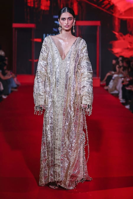 Shop_Itrh_Gold Chanderi Mirrors, Gota Patti V-neck Svarnima And Work Kaftan _Online_at_Aza_Fashions