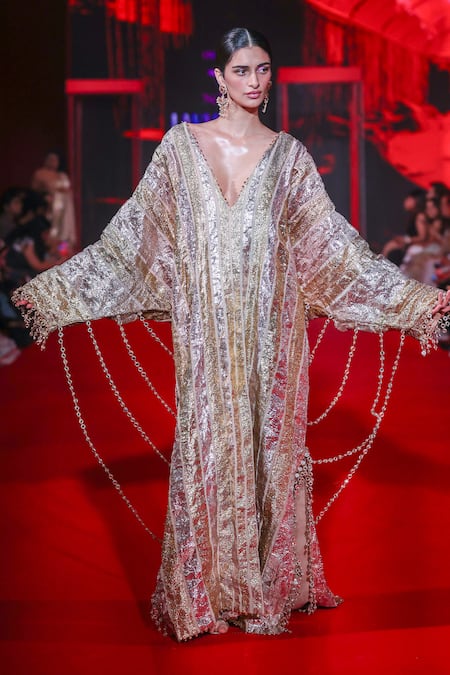 Buy_Itrh_Gold Chanderi Mirrors, Gota Patti V-neck Svarnima And Work Kaftan 