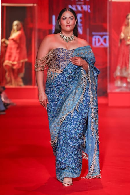 Itrh_Blue Silk, Organza, Net, Brocade, Shantoon Neelambari Jamawaar Saree With Blouse _Online_at_Aza_Fashions