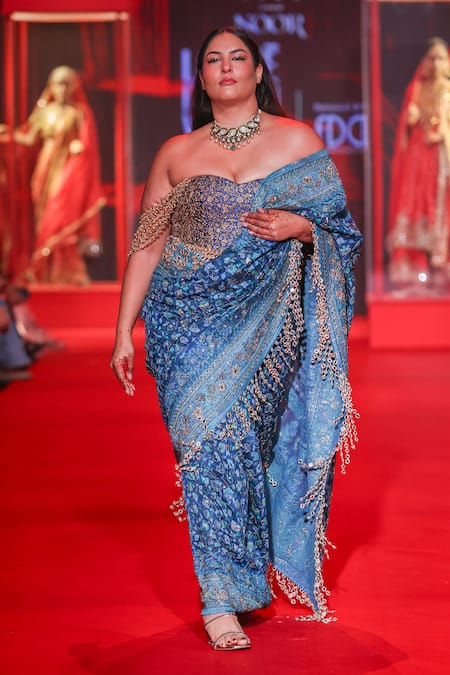 Shop_Itrh_Blue Silk, Organza, Net, Brocade, Shantoon Neelambari Jamawaar Saree With Blouse _Online_at_Aza_Fashions