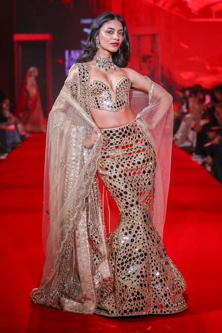 Shop_Itrh_Gold Chanderi, Brocade, Organza Stones, Mirrors And Gota Work Lehenga Set _Online_at_Aza_Fashions