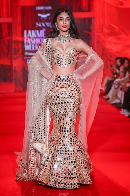 Itrh_Gold Chanderi, Brocade, Organza Stones, Mirrors And Gota Work Lehenga Set _at_Aza_Fashions