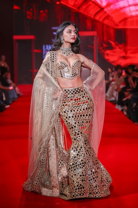 Shop_Itrh_Gold Chanderi, Brocade, Organza Stones, Mirrors And Gota Work Lehenga Set 