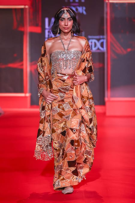 Shop_Itrh_Gold Velvet, Brocade Embroidery, Agneya Pre-draped Saree Set With Dupatta _Online_at_Aza_Fashions