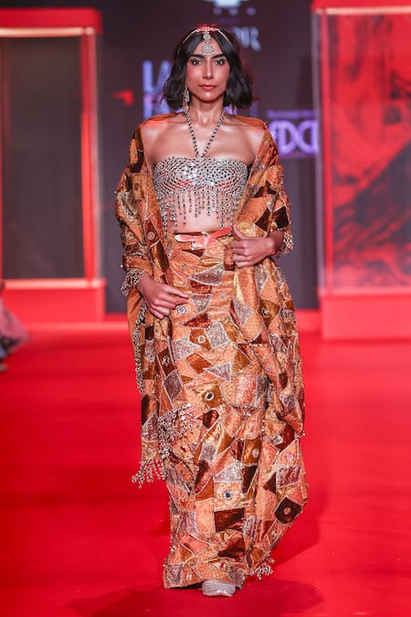 Itrh_Gold Velvet, Brocade Embroidery, Agneya Pre-draped Saree Set With Dupatta _at_Aza_Fashions