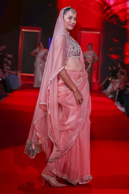 Itrh_Peach Organza, Silk Beads, Stones High Padmika Embroidered Saree With Blouse _Online_at_Aza_Fashions