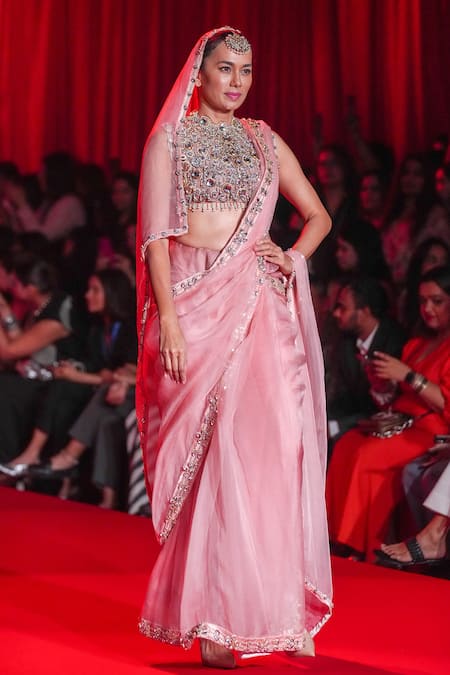 Itrh_Peach Organza, Silk Beads, Stones High Padmika Embroidered Saree With Blouse _at_Aza_Fashions