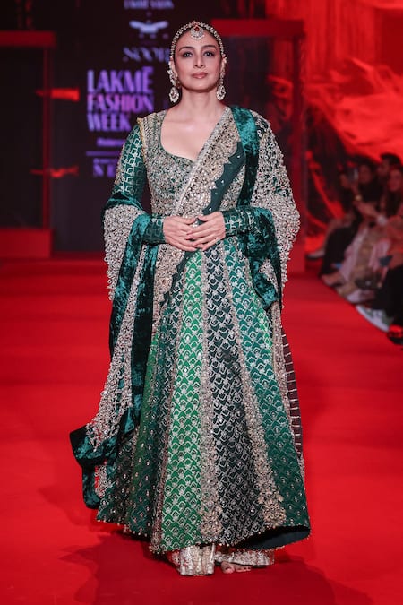 Shop_Itrh_Green Brocade, Lycra Mirrors Vaidurya Work Anarkali Set With Jaal Dupatta _Online_at_Aza_Fashions