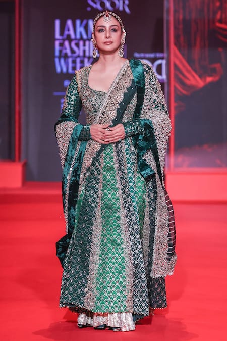 Itrh_Green Brocade, Lycra Mirrors Vaidurya Work Anarkali Set With Jaal Dupatta _at_Aza_Fashions