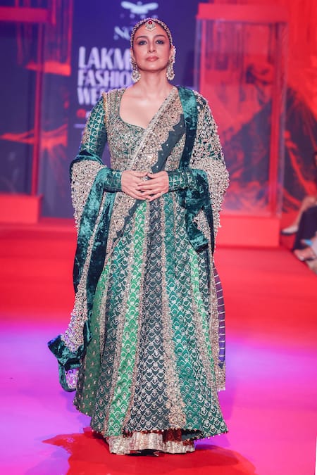 Buy_Itrh_Green Brocade, Lycra Sequins, Zari, Stones, Vaidurya Work Anarkali Skirt Set _Online_at_Aza_Fashions