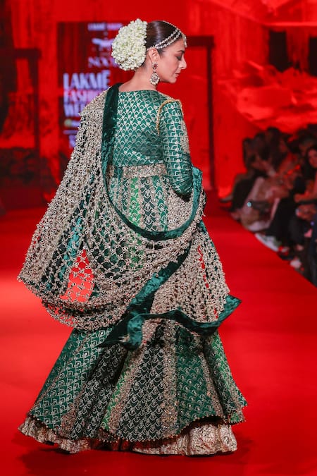 Itrh_Green Brocade, Lycra Sequins, Zari, Stones, Vaidurya Work Anarkali Skirt Set _at_Aza_Fashions