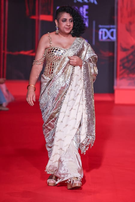 Itrh_Rose Gold Chanderi Zari, Mirrors, Tarakini Lampi Saree With Corset Blouse _Online_at_Aza_Fashions