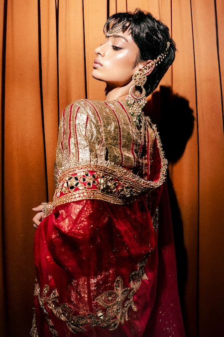 Shop_Itrh_Gold Cotton, Organza, Crepe Embroidery, Zari, Gota Suvarna Work Kurta Pant Set _Online_at_Aza_Fashions