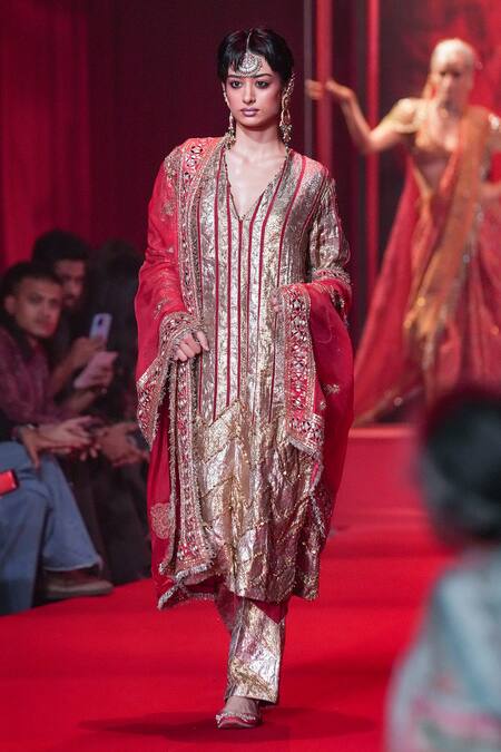 Buy_Itrh_Gold Cotton, Organza, Crepe Embroidery, Zari, Gota Suvarna Work Kurta Pant Set 