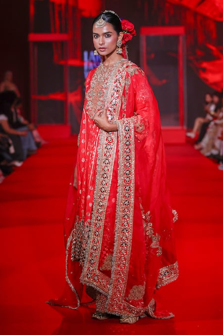 Itrh_Red Cotton, Organza, Velvet, Brocade Embroidery, Zari, Lohita Kurta Pant Set _Online_at_Aza_Fashions