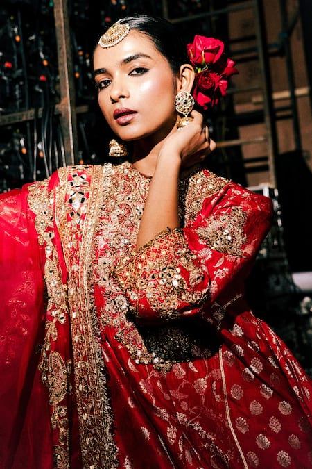 Shop_Itrh_Red Cotton, Organza, Velvet, Brocade Embroidery, Zari, Lohita Kurta Pant Set _Online_at_Aza_Fashions