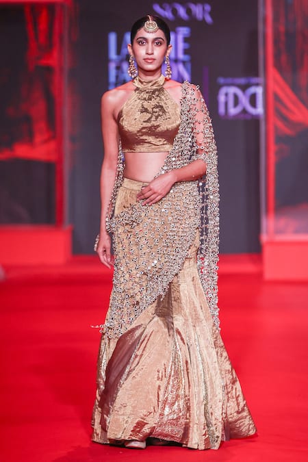 Buy_Itrh_Crepe, Tissue Mirrors, Gota Patti Halter Neck Mandira Fishtail Lehenga Set _Online_at_Aza_Fashions