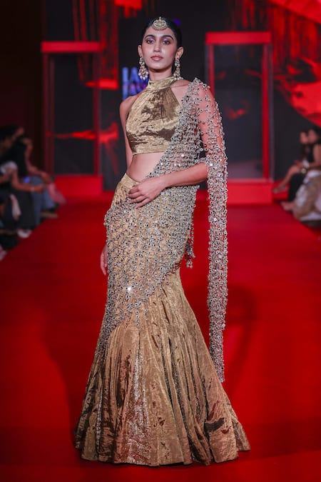 Itrh_Crepe, Tissue Mirrors, Gota Patti Halter Neck Mandira Fishtail Lehenga Set _at_Aza_Fashions