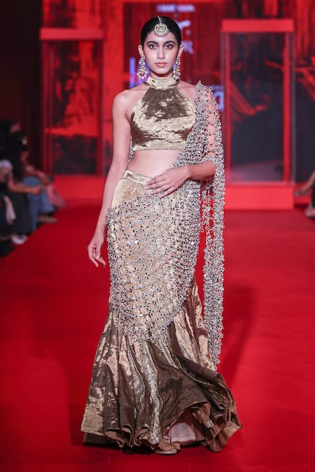 Buy_Itrh_Crepe, Tissue Mirrors, Gota Patti Halter Neck Mandira Fishtail Lehenga Set 