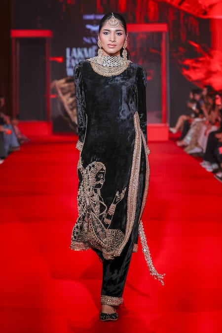 Itrh_Black Cotton, Velvet Embroidery, Zari, Mirrors High Maharani Kurta And Pant Set _Online_at_Aza_Fashions