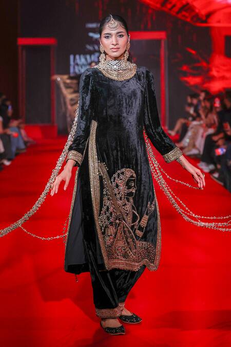 Shop_Itrh_Black Cotton, Velvet Embroidery, Zari, Mirrors High Maharani Kurta And Pant Set _Online_at_Aza_Fashions
