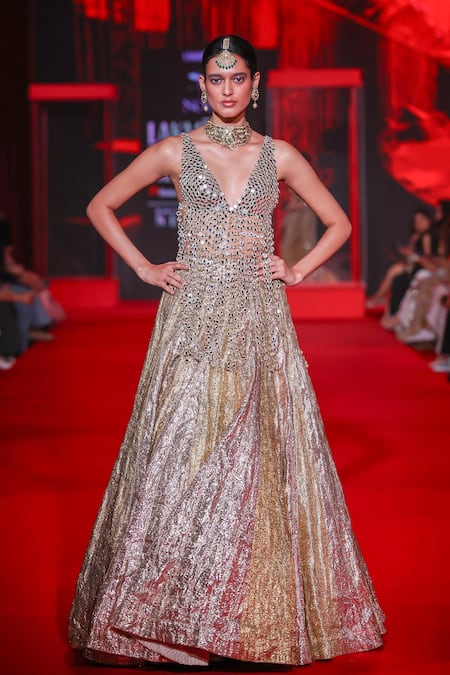 Itrh_Gold Lampi Sequins, Mirrors V-neck Kanaktara Lehenga With Blouse _Online_at_Aza_Fashions