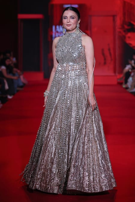 Itrh_Silver Lampi Mirrors Halter Neck, High Chandrayana Lehenga With Jhalar Tunic _Online_at_Aza_Fashions