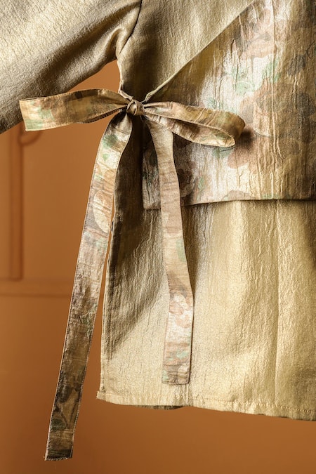 Casa Ninos_Olive Green Tissue Aura Side Knot Kurta Set _Online_at_Aza_Fashions