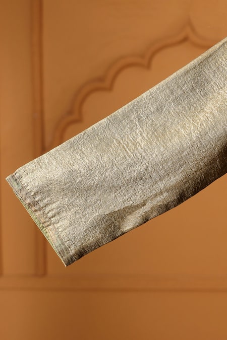 Buy_Casa Ninos_Olive Green Tissue Aura Side Knot Kurta Set _Online_at_Aza_Fashions