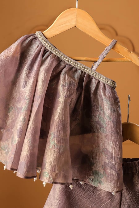 Buy_Casa Ninos_Purple Tissue Beads, Pom-poms Moonlit Lavender Sharara Set _Online_at_Aza_Fashions