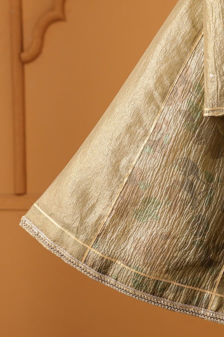Casa Ninos_Gold Silk, Tissue Mirrors Olive Lehenga Set _Online_at_Aza_Fashions