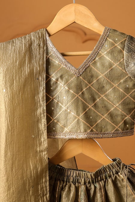 Buy_Casa Ninos_Gold Silk, Tissue Mirrors Olive Lehenga Set _Online_at_Aza_Fashions