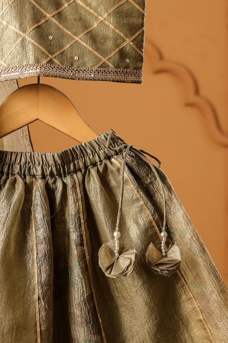 Shop_Casa Ninos_Gold Silk, Tissue Mirrors Olive Lehenga Set _Online_at_Aza_Fashions