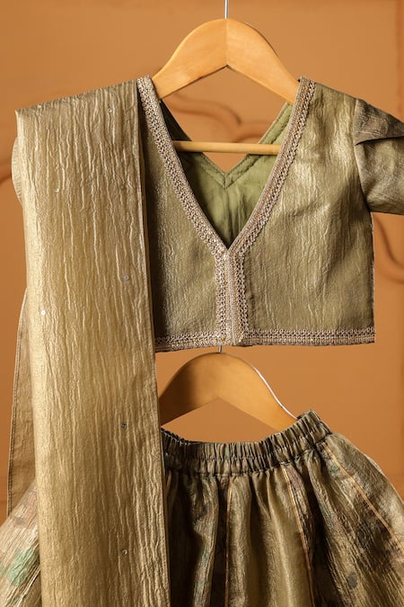 Casa Ninos_Gold Silk, Tissue Mirrors Olive Lehenga Set _at_Aza_Fashions