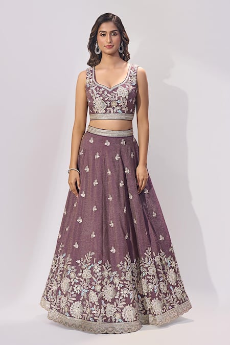 Buy_Samyukta Singhania_Purple Tissue Embroidery, Sequins, Zari, Stones Sweetheart Neck Lehenga Set _Online_at_Aza_Fashions