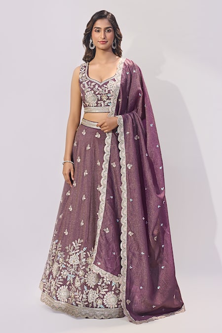 Shop_Samyukta Singhania_Purple Tissue Embroidery, Sequins, Zari, Stones Sweetheart Neck Lehenga Set _Online_at_Aza_Fashions